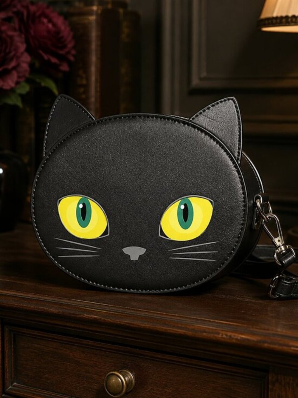 Mad Engine Black Kitty Cat Face Crossbody Bag Yellow Eyes Halloween NWT